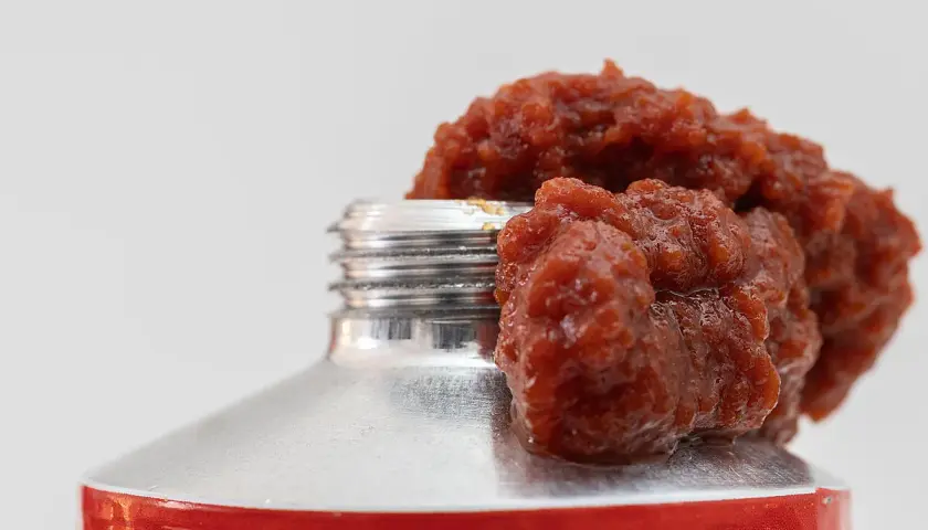 Tomatenmark quillt aus einer Tube. Die lange Tomatenmark haltbarkeit macht es zu einem praktischen Küchenhelfer.