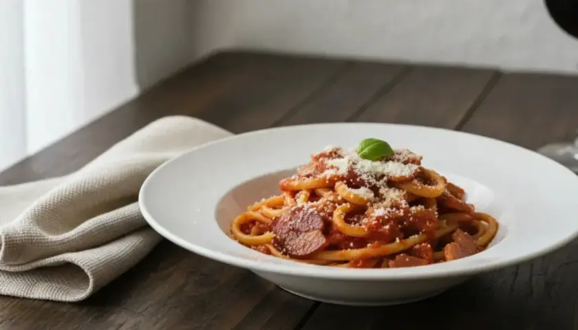 Ein Teller Spaghetti all'Amatriciana, garniert mit Parmesan und Basilikum, auf einem Holztisch.