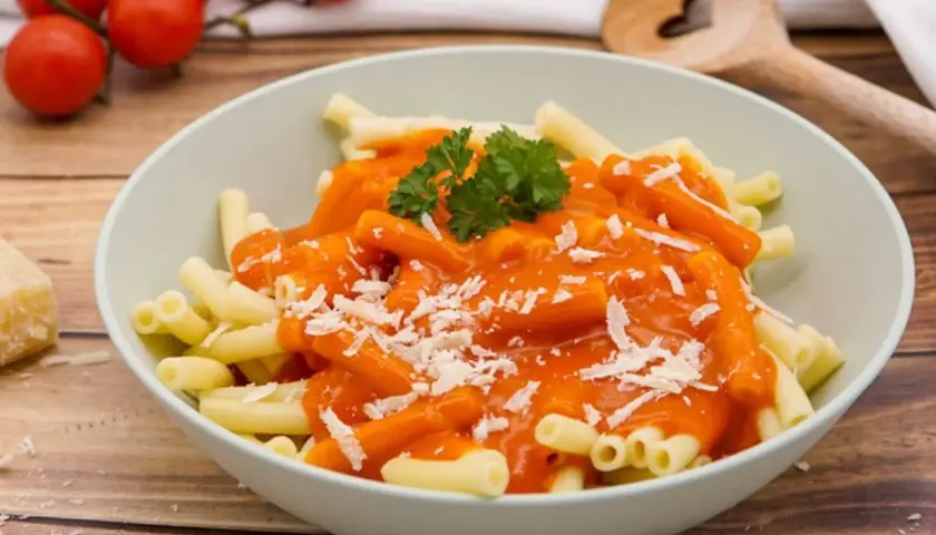 Schüssel mit Pasta und einer leuchtend roten, cremigen Sauce, die an ein traditionelles Tomatensauce Rezept erinnert. Mit Parmesan bestreut und Petersilie garniert.