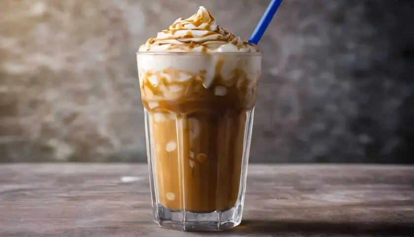 Eisgekühlter Kaffee mit Sahne und Karamellsoße, perfekt für alle, die kaffeesirup selber machen wollen.