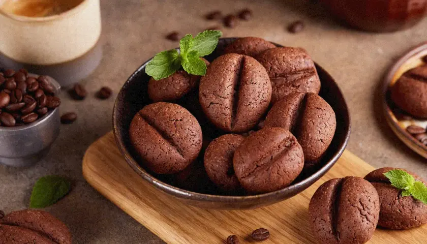 Schokoladenkekse in Form von Kaffeebohnen, garniert mit Minze, serviert mit einer Tasse Kaffee. Perfekte kekse zum kaffee.