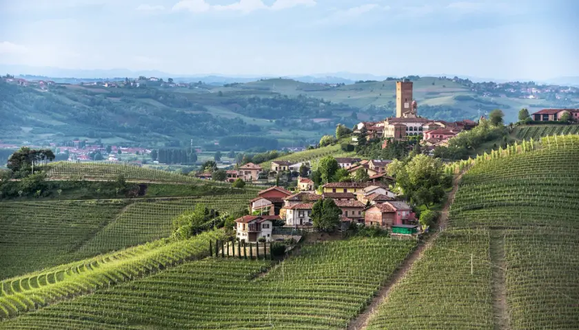 Idyllisches Dorf in den Weinbergen des Piemont, wo die berühmte Barbaresco Rebsorte gedeiht.