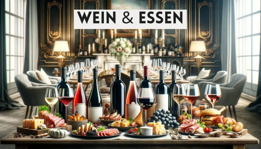 Festlich gedeckter Tisch mit verschiedenen Speisen und einer Auswahl an italienischer Weinsorte.