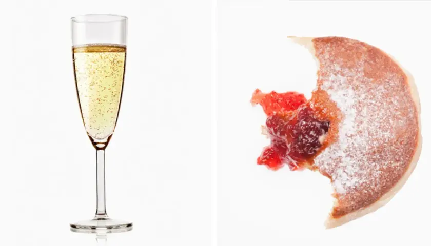 Glas Sekt und ein angebissener Krapfen mit Marmelade. Wie viel Kalorien hat ein Glas Sekt?