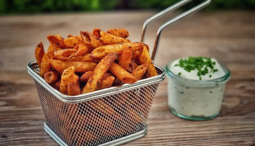 Knusprige Pasta Chips in einem Metallkorb, daneben ein Dip mit Schnittlauch. Ein leckerer Snack für zwischendurch.