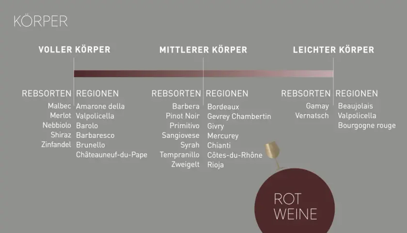 Wein-Körper-Schema: Voller Körper (Malbec, Amarone), mittlerer Körper (Barbera, Bordeaux), leichter Körper (Gamay, Beaujolais). Barrique-Wein-Stile sind hier nicht explizit aufgeführt.