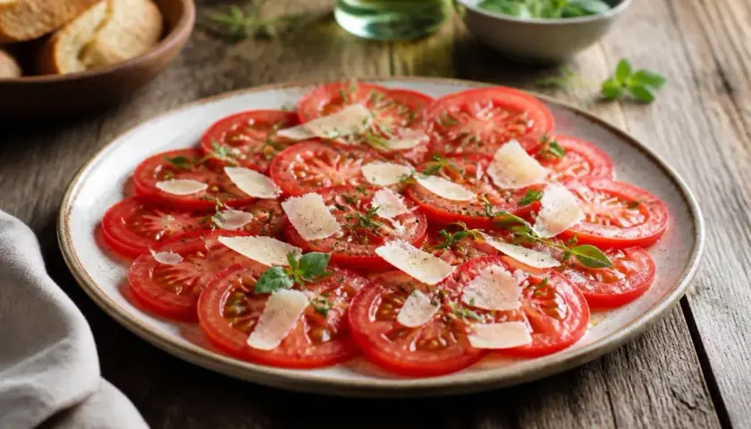 Tomaten Carpaccio mit Parmesan und frischen Kräutern, serviert auf einem Teller mit Brot und Sauce im Hintergrund.