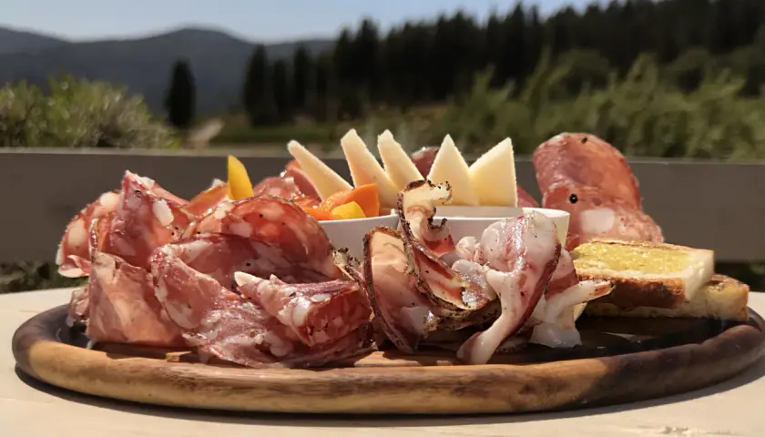 Wurstplatte mit Käse und Brot, serviert im Freien mit Blick auf Weinberge, die Chianti Rebsorte ist hier gut vertreten.