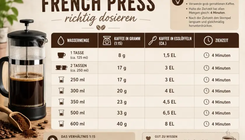 Tabelle zeigt die ideale Kaffeemenge für French Press, von 1 Tasse bis 600 ml, mit Gramm- und Löffelangaben.