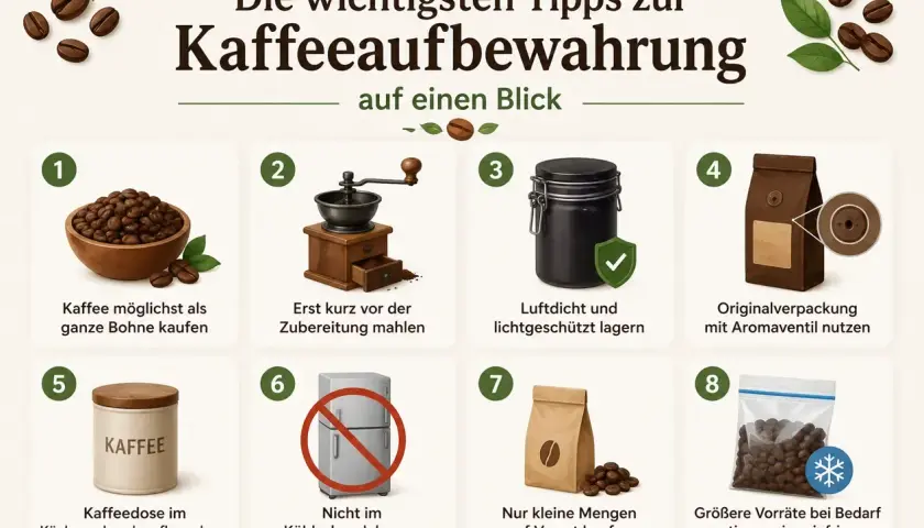 Tipps zur Kaffeeaufbewahrung: ganze Bohne kaufen, frisch mahlen, luftdicht lagern, Originalverpackung nutzen, nicht kühlen, kleine Mengen kaufen, größere Vorräte portionsweise einfrieren.