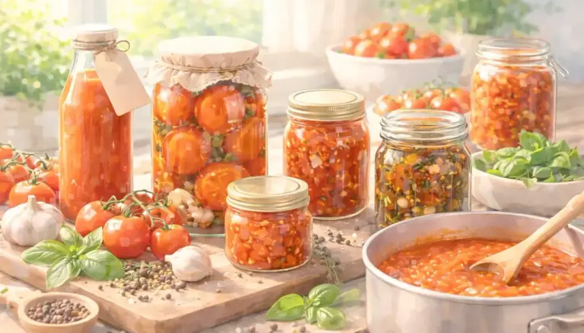 Frische Tomaten, Knoblauch und Kräuter für das Einkochen von Tomaten. Gläser mit eingelegten Tomaten und eine Schüssel mit Tomatensoße.