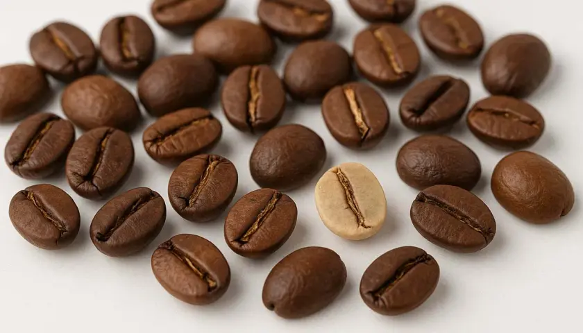 Ein **ausschuss bei kaffeebohnen**? Nein, nur eine helle Bohne inmitten vieler dunkler, gerösteter Kaffeebohnen auf weißem Grund.