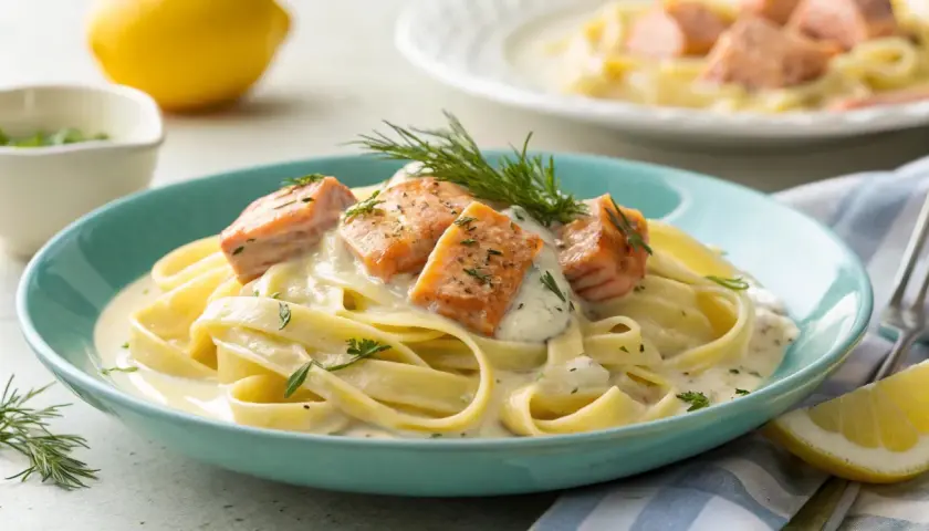 Lachs mit Tagliatelle in cremiger Sauce, garniert mit Dill und Kräutern. Ein Genuss für Feinschmecker.