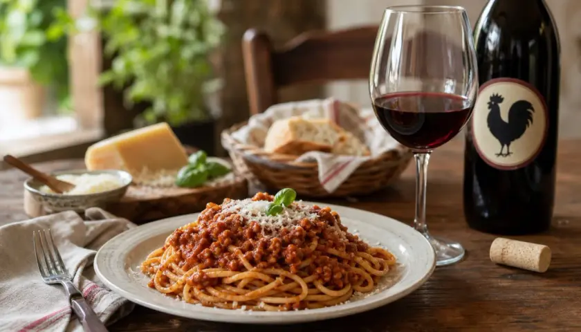 Ein Teller Spaghetti Bolognese mit geriebenem Parmesan, daneben ein Glas Rotwein und eine Flasche – die perfekte Antwort auf die Frage, welcher Wein zu Pasta passt.