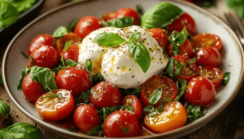 Burrata mit Kirschtomaten und Basilikum – eine köstliche Vorspeise, die Lust auf mehr macht. Perfekt für Burrata Rezepte.