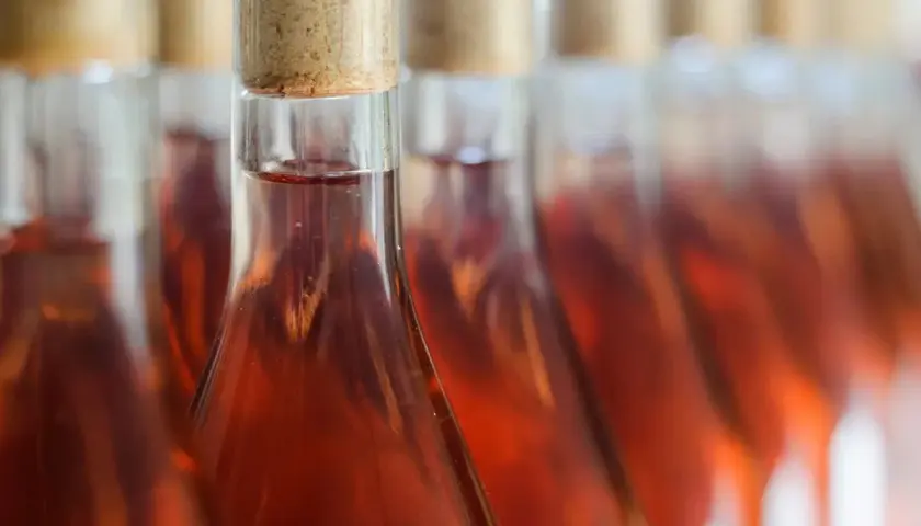 Reihe von Flaschen mit Roséwein, bereit für die Abfüllung. Die Herstellung von Roséwein ist ein sorgfältiger Prozess.