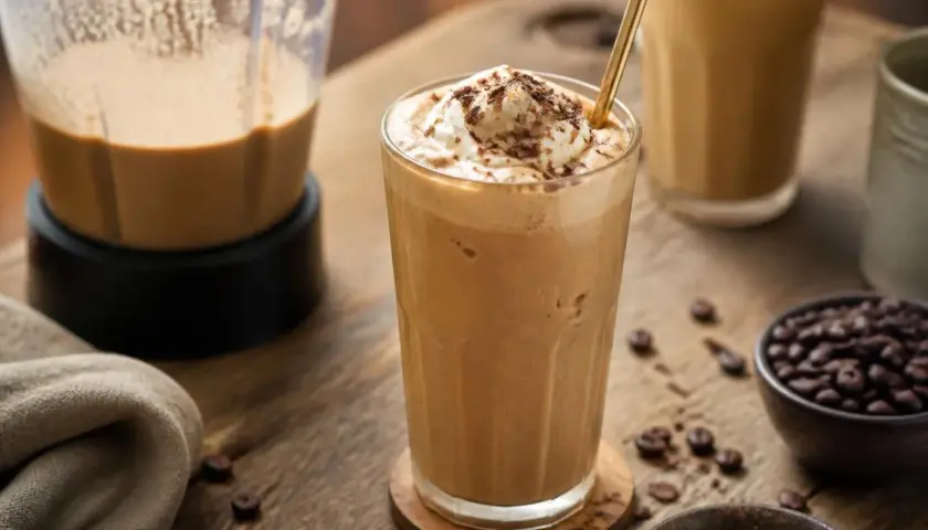 Cremiger Eiskaffee ohne Eis, garniert mit Sahne und Schokostreuseln, neben einer Kaffeemaschine und Kaffeebohnen.