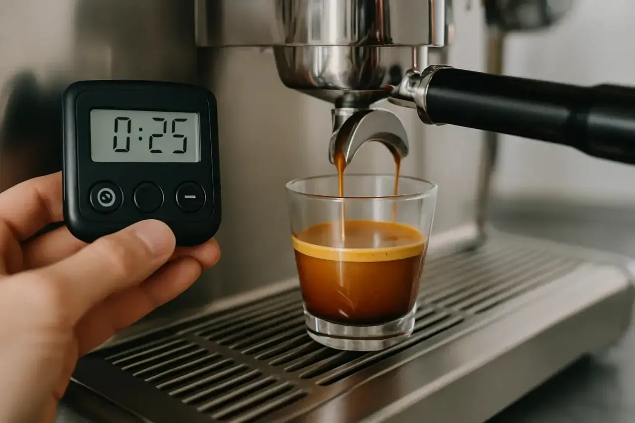 Ein Espresso läuft in ein Glas, während ein Timer 0:25 anzeigt. Perfekt für den perfekten Espresso.
