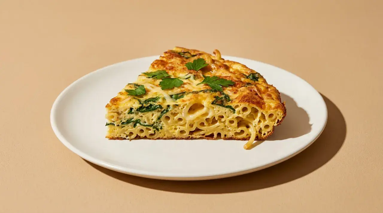 Ein Stück Frittata di Pasta mit Spinat und Nudeln, garniert mit Petersilie, auf einem weißen Teller.