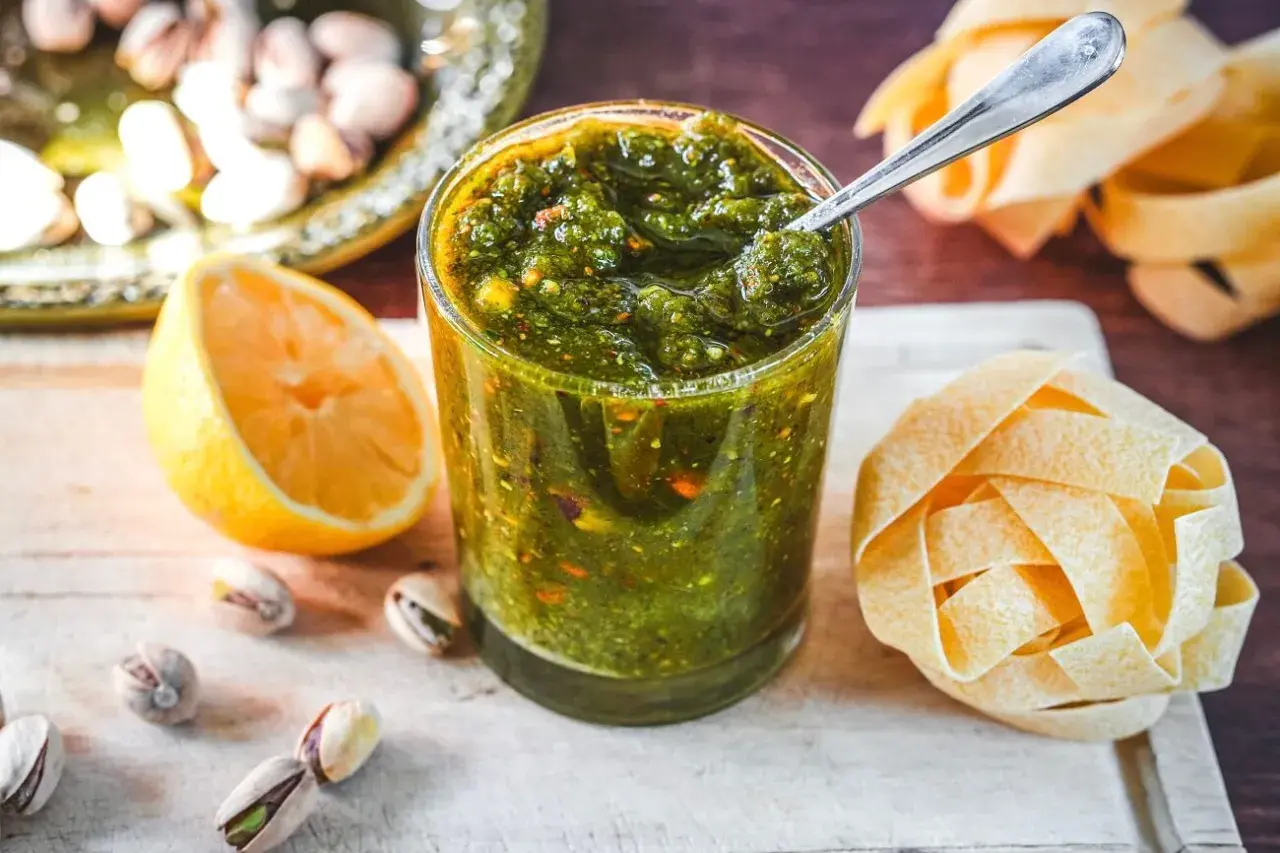 Ein Glas mit leuchtend grünem Pistazien Pesto, daneben eine Zitronenhälfte, einige Pistazien und eine Nudelrolle.