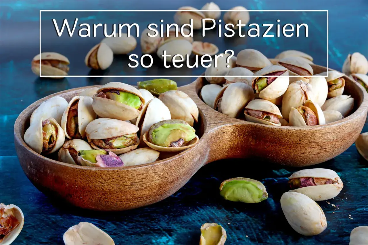 Ein Holzlöffel voller Pistazien fragt: "Warum sind Pistazien so teuer?" Die grünen Kerne sind ein Genuss, aber ihre Ernte ist aufwendig.