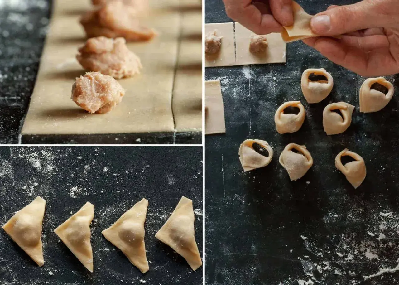 Schritt-für-Schritt-Anleitung zur Herstellung von Tortellini in Brodo: Teig mit Füllung, Formen und fertige Teigtaschen.