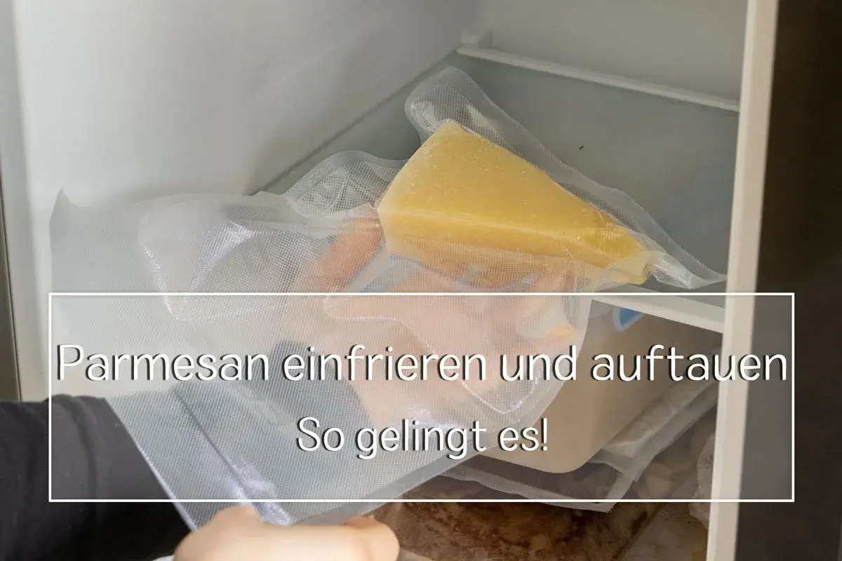 Ein Stück Parmesan wird in einem Vakuumbeutel im Gefrierschrank gelagert. So gelingt das Parmesan einfrieren und Auftauen.