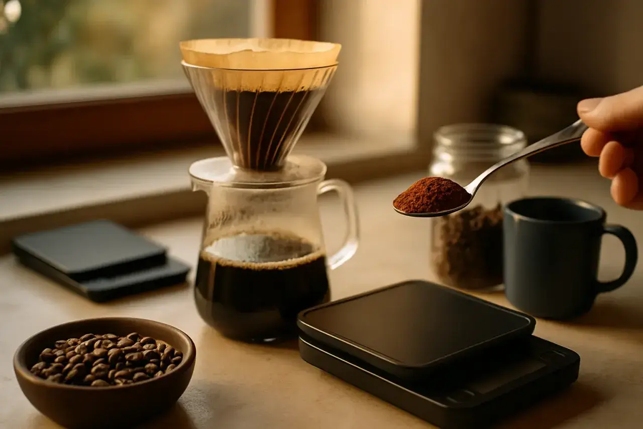 Eine Hand hält einen Löffel mit gemahlenem Kaffee, bereit für die Zubereitung von Filterkaffee. Daneben stehen Kaffeebohnen, eine Kanne mit gebrühtem Kaffee und eine Tasse.