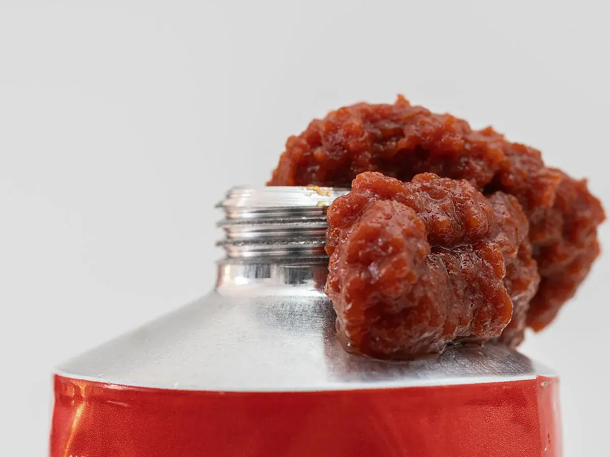 Tomatenmark quillt aus einer Tube. Die lange Tomatenmark haltbarkeit macht es zu einem praktischen Küchenhelfer.
