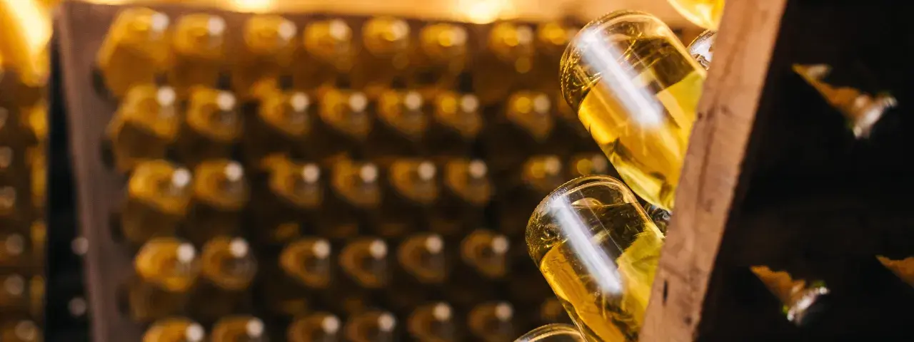 Flaschen mit goldgelbem Inhalt, vielleicht Prosecco, lagern in Regalen. Ob Prosecco schlecht werden kann, ist eine Frage der Lagerung.