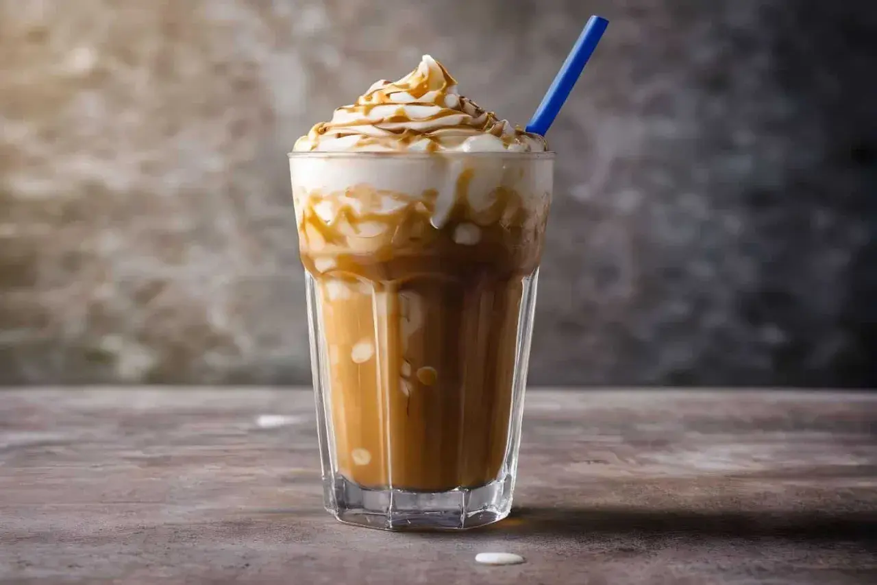 Eisgekühlter Kaffee mit Sahne und Karamellsoße, perfekt für alle, die kaffeesirup selber machen wollen.