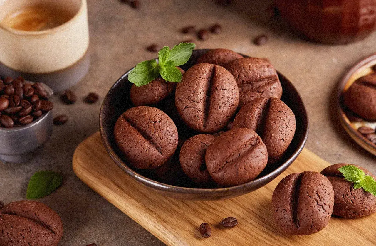Schokoladenkekse in Form von Kaffeebohnen, garniert mit Minze, serviert mit einer Tasse Kaffee. Perfekte kekse zum kaffee.