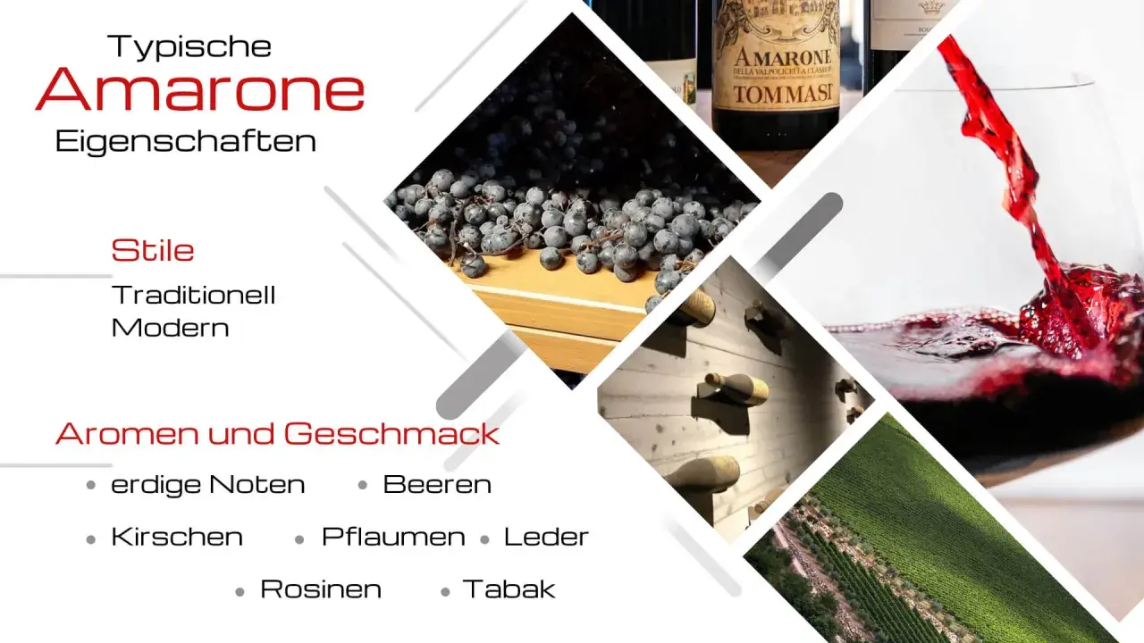 Amarone: Trauben, Flaschen, Wein im Glas, Weinberge. Aromen: Beeren, Kirschen, Pflaumen, Rosinen, Tabak, erdige Noten. Was ist Amarone? Ein edler Wein.