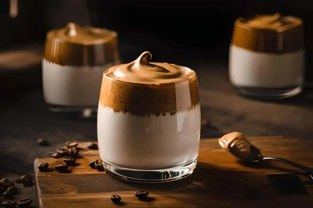Drei Gläser mit cremigem Kaffee und Kondensmilch, garniert mit Kaffeebohnen.