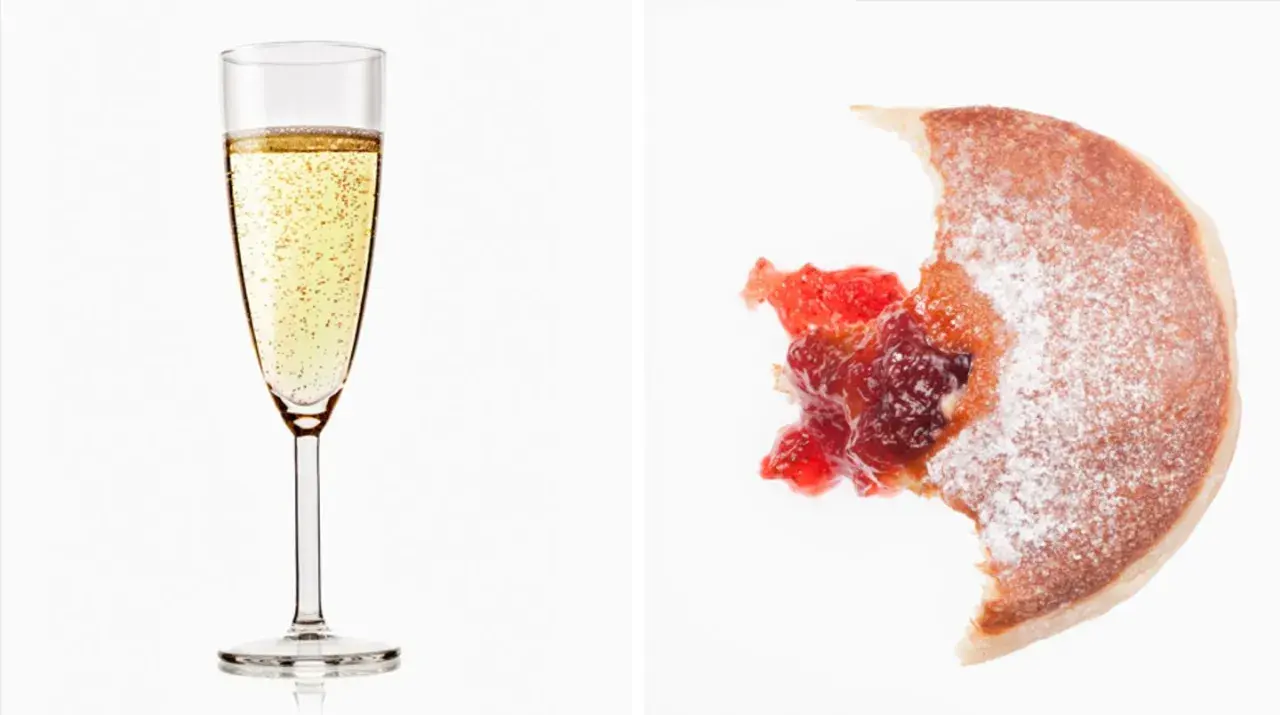 Glas Sekt und ein angebissener Krapfen mit Marmelade. Wie viel Kalorien hat ein Glas Sekt?