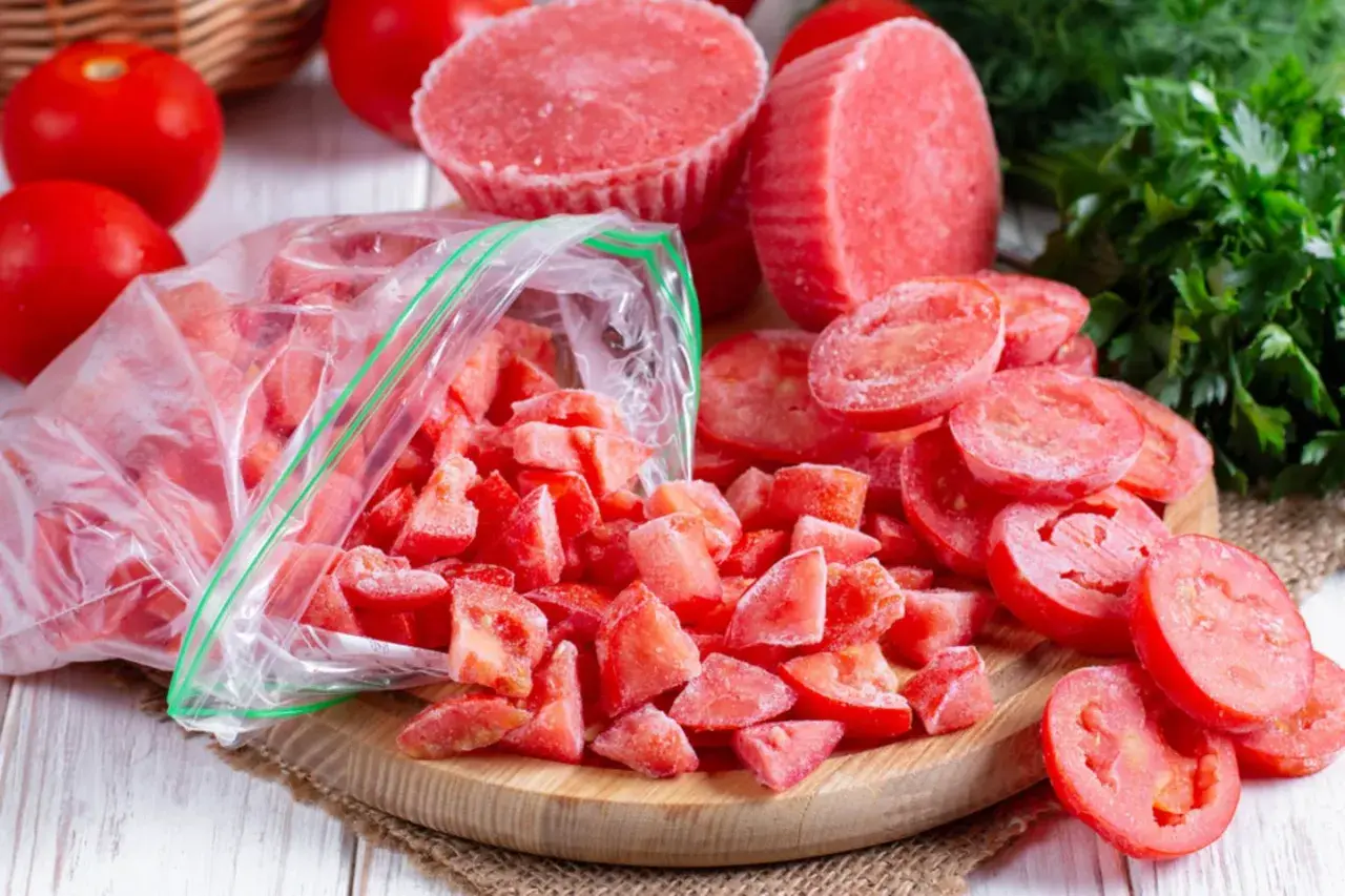 Gefrorene Tomatenstücke in einem Beutel und auf einem Holzbrett, bereit zum Einfrieren. Frische Tomaten und Petersilie im Hintergrund.