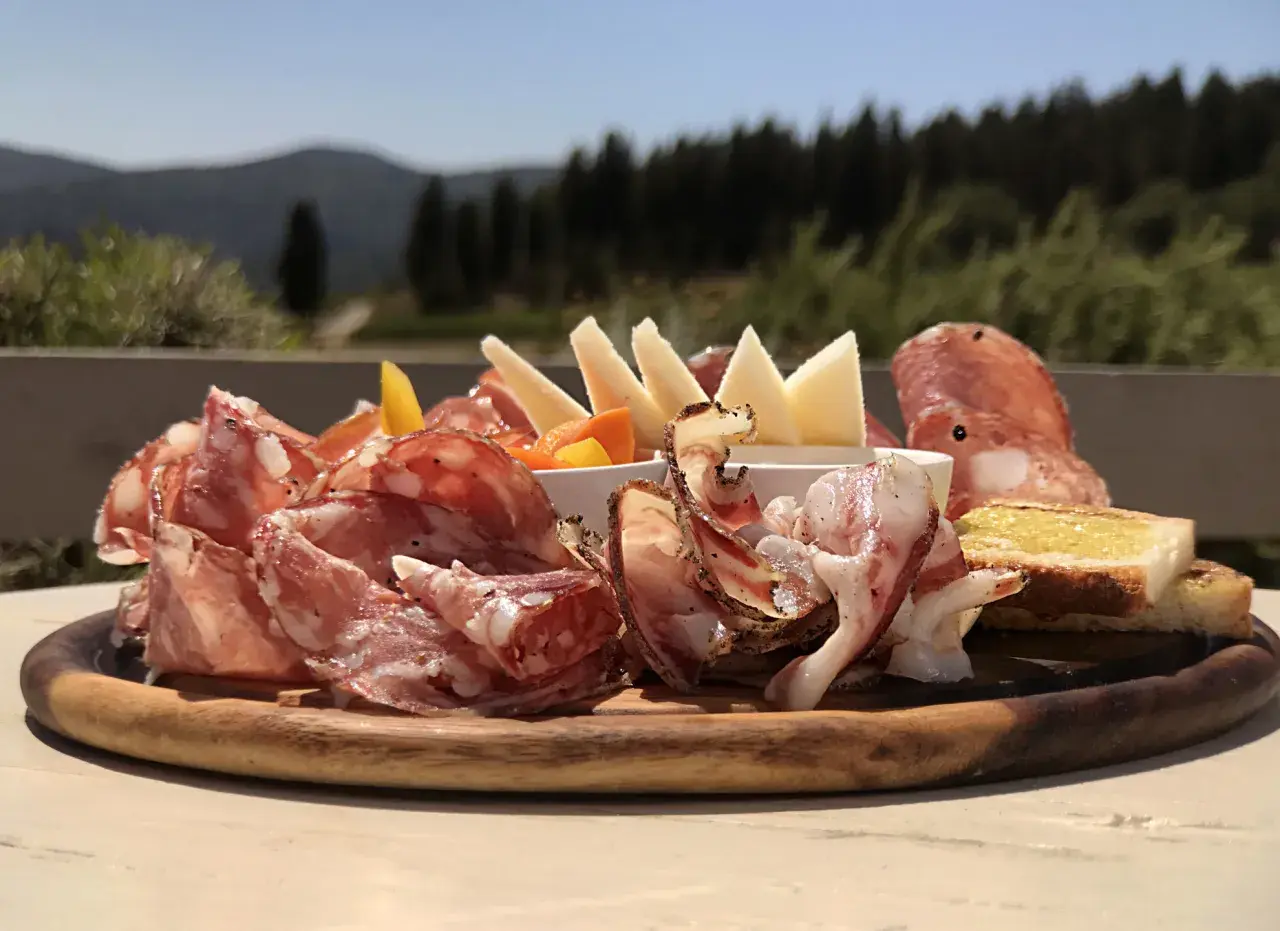 Wurstplatte mit Käse und Brot, serviert im Freien mit Blick auf Weinberge, die Chianti Rebsorte ist hier gut vertreten.