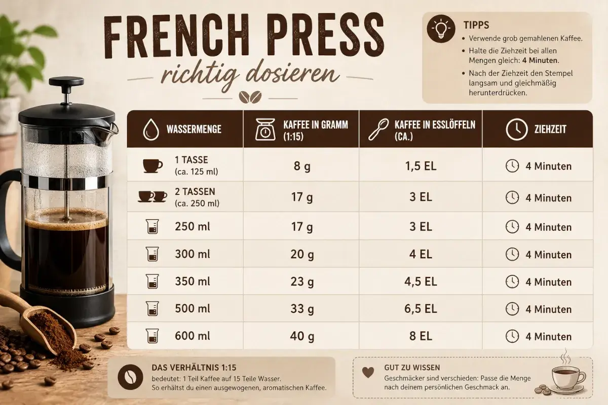 Tabelle zeigt die ideale Kaffeemenge für French Press, von 1 Tasse bis 600 ml, mit Gramm- und Löffelangaben.