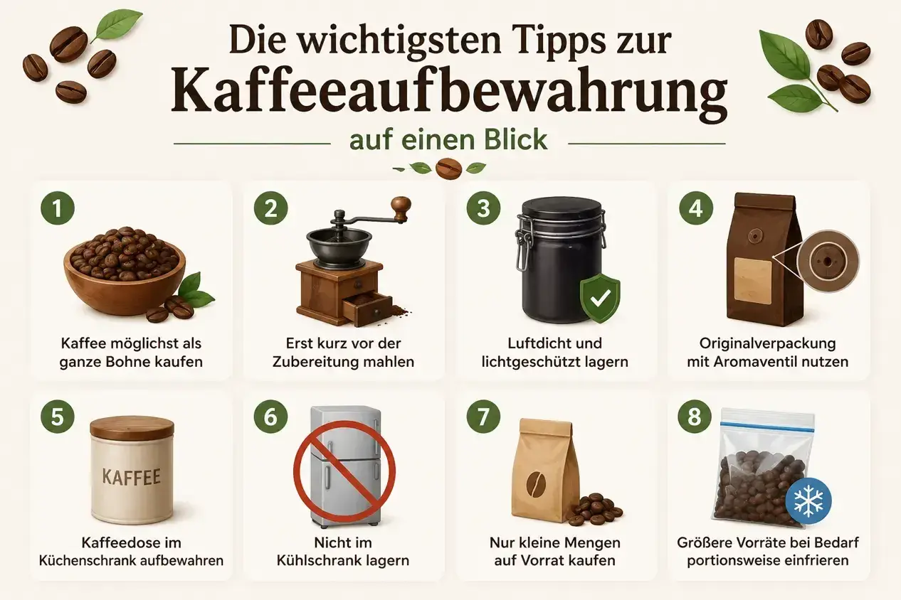 Tipps zur Kaffeeaufbewahrung: ganze Bohne kaufen, frisch mahlen, luftdicht lagern, Originalverpackung nutzen, nicht kühlen, kleine Mengen kaufen, größere Vorräte portionsweise einfrieren.