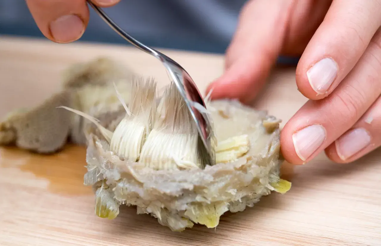 Mit einer Gabel wird das zarte Herz einer gekochten Artischocke freigelegt. So isst man Artischocken: Blatt für Blatt abziehen und das Fleisch abkratzen.
