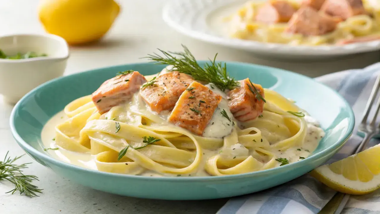 Lachs mit Tagliatelle in cremiger Sauce, garniert mit Dill und Kräutern. Ein Genuss für Feinschmecker.