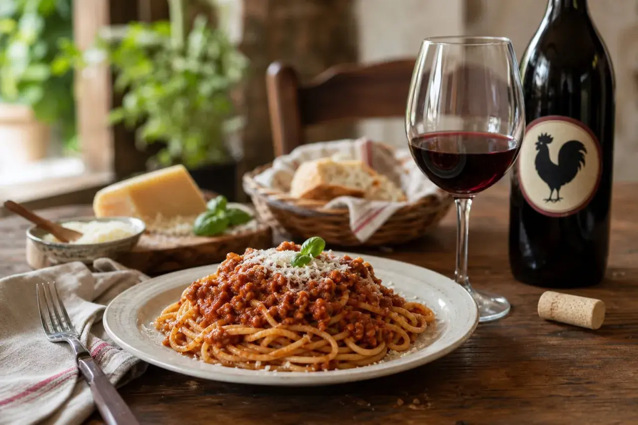 Ein Teller Spaghetti Bolognese mit geriebenem Parmesan, daneben ein Glas Rotwein und eine Flasche – die perfekte Antwort auf die Frage, welcher Wein zu Pasta passt.