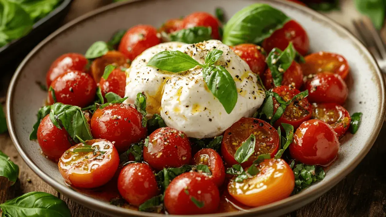 Burrata mit Kirschtomaten und Basilikum – eine köstliche Vorspeise, die Lust auf mehr macht. Perfekt für Burrata Rezepte.