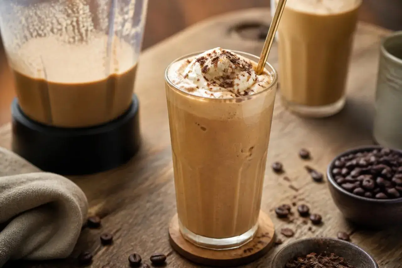 Cremiger Eiskaffee ohne Eis, garniert mit Sahne und Schokostreuseln, neben einer Kaffeemaschine und Kaffeebohnen.