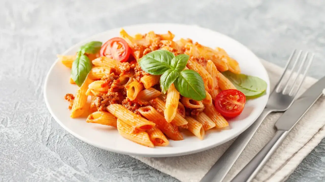 Penne mit Bolognese, garniert mit Basilikum und Kirschtomaten. Ein köstliches Gericht, das zu den beliebtesten Pasta-Rezepten zählt.