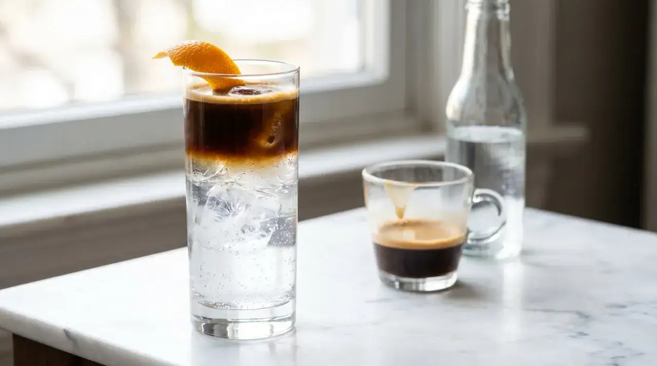 Erfrischender Espresso Tonic mit Eiswürfeln und Orangenzeste, daneben ein kleines Glas Espresso.