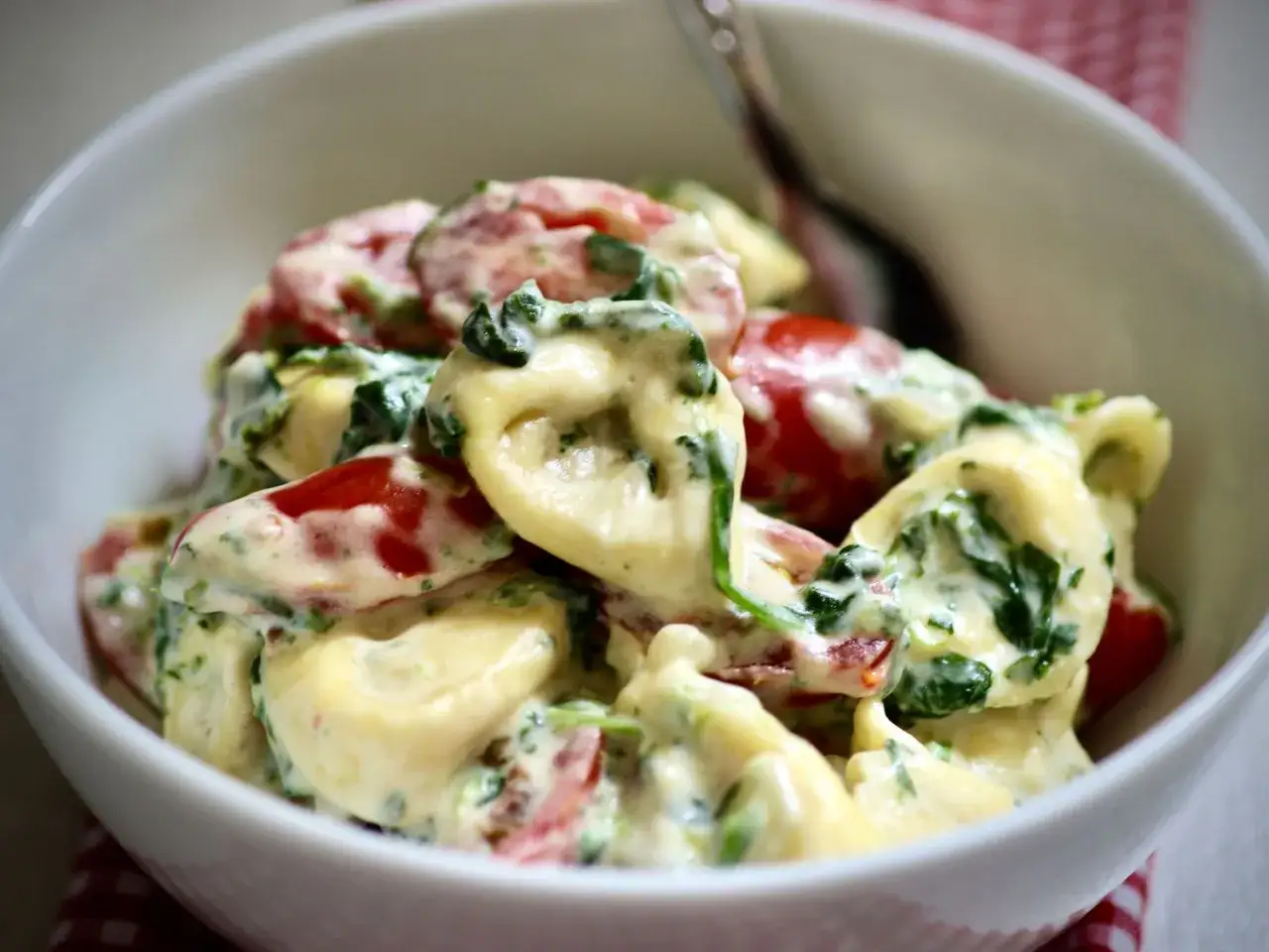 Cremige Tortellini mit Tomaten und Spinat in einer Sch&uuml;ssel, ein k&ouml;stliches Tortellini One Pot Gericht.