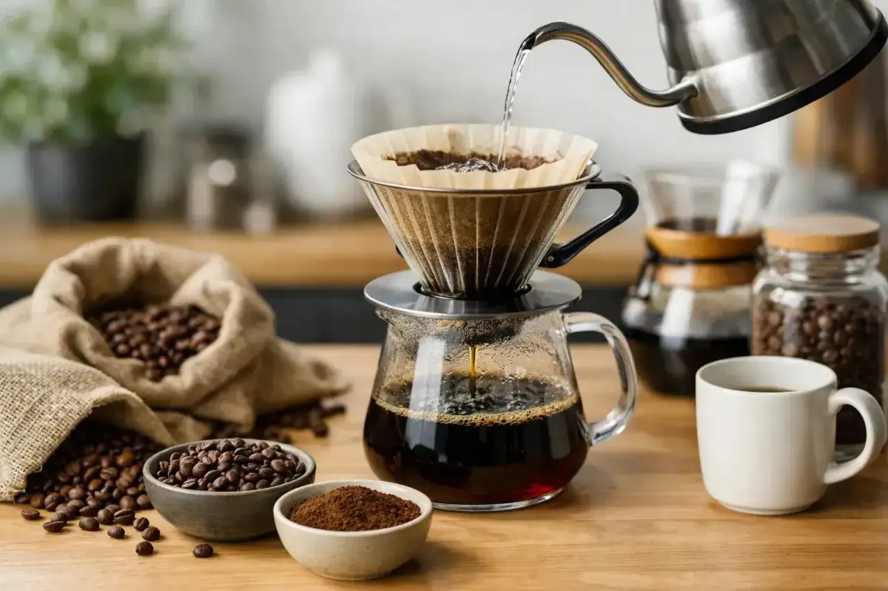 Hei&szlig;es Wasser flie&szlig;t durch Kaffeepulver in einem Filter. So entsteht k&ouml;stlicher Filterkaffee, bereit zum Genuss.