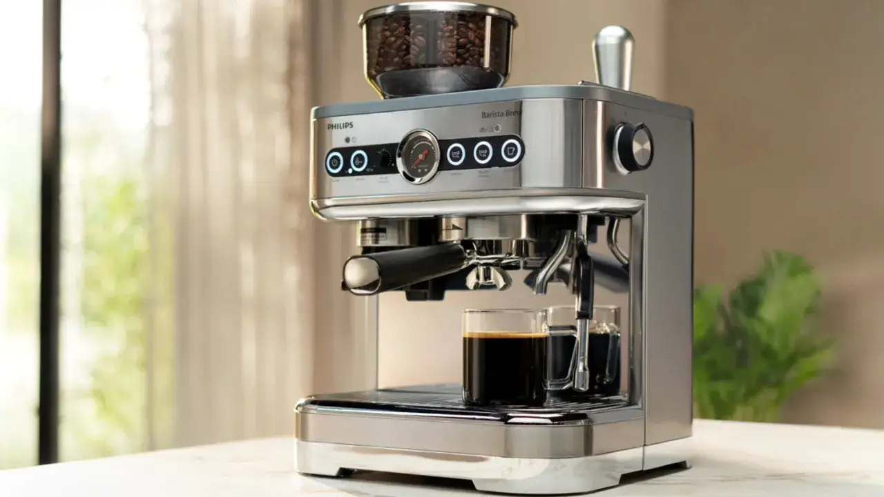 Eine Philips Barista Brew Maschine br&uuml;ht einen doppelten Espresso in zwei Gl&auml;ser.