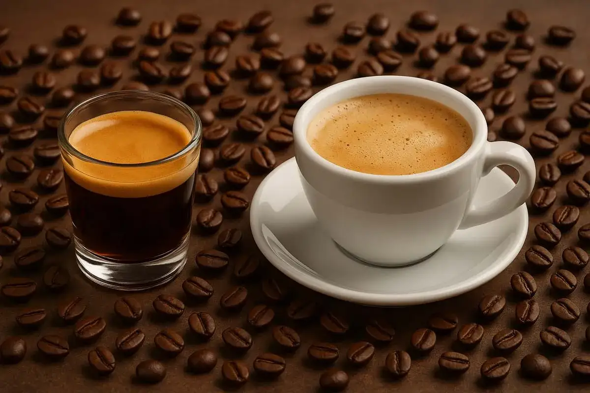 Ein Glas Espresso und eine Tasse mit cremigem café crema, umgeben von gerösteten Kaffeebohnen.